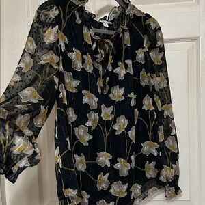 Bar III Black Yellow Floral Blouse with Gold Metallic Threading and Ruffles M